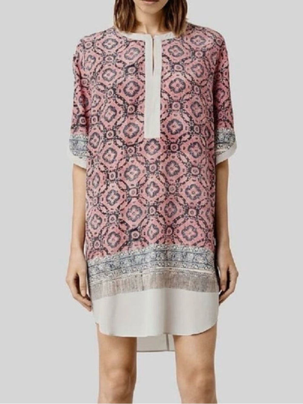 AllSaints Acre Soma 100% Silk Dress Tunic Medallion Boho Split Neck Size 14/10